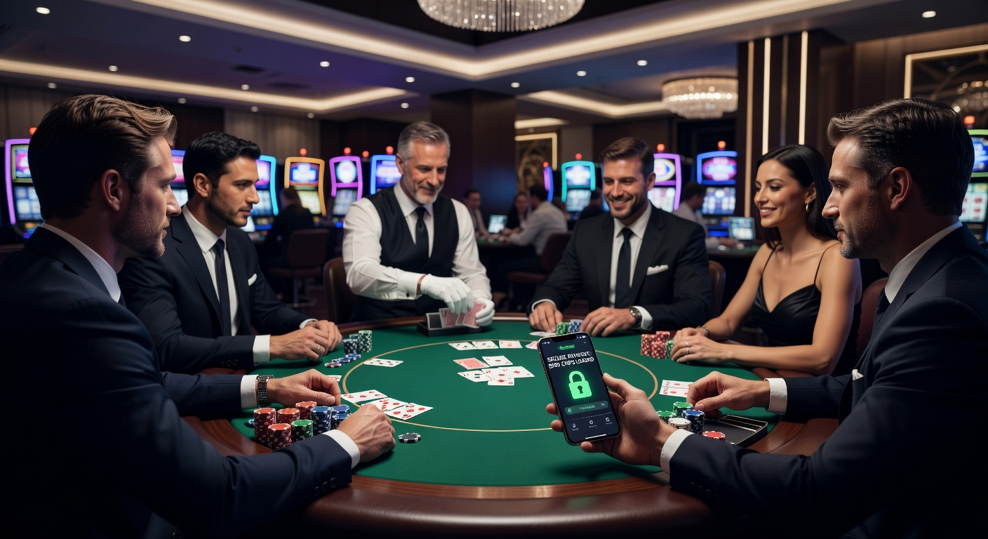 Player using biometric authentication on mobile device to fund a live dealer poker tournament entry while viewing slot and blackjack bonus options