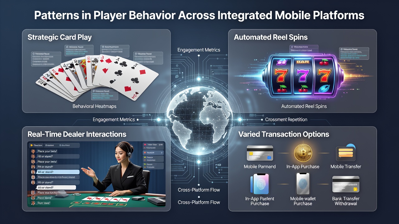 Mobile gaming interface showing integrated card play, slot reels, and live dealer tables with transaction menus