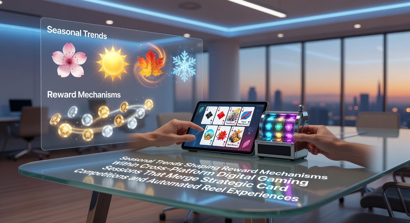 Cross-platform gaming interface showing merged poker tables and slot reels with seasonal reward overlays